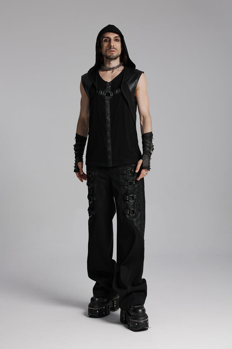 Hooded Eyelet Punk Sleeveless Vest with V-Neck
