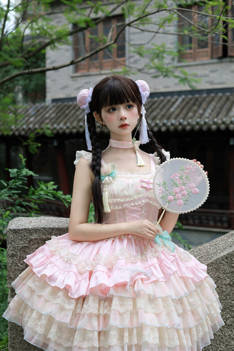 Ancient Poetry Printed Multi-Layer Sweet Lolita Tiered Dress - Chinese Style