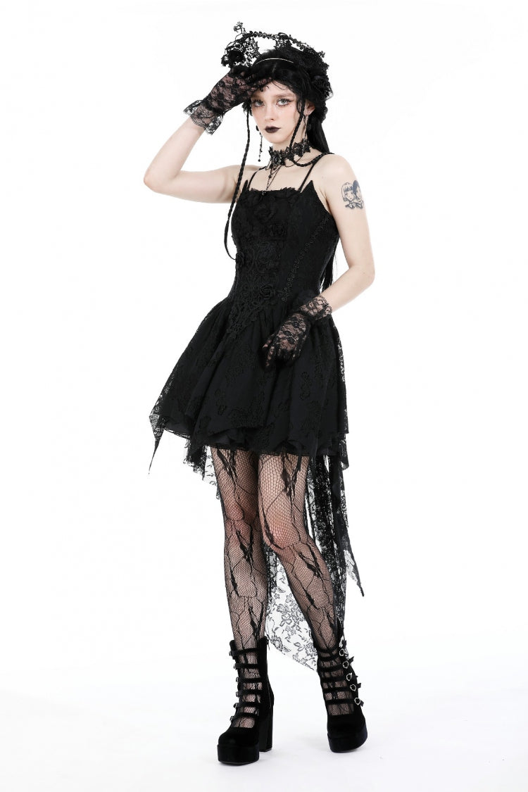 Sleeveless Rose Lace Lace-Up Gothic High Low Dovetail Slip Wedding Dress