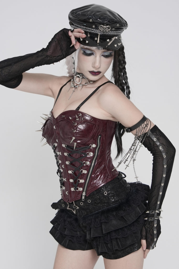 Crimson Studded Punk Corset with Lacing and Zip