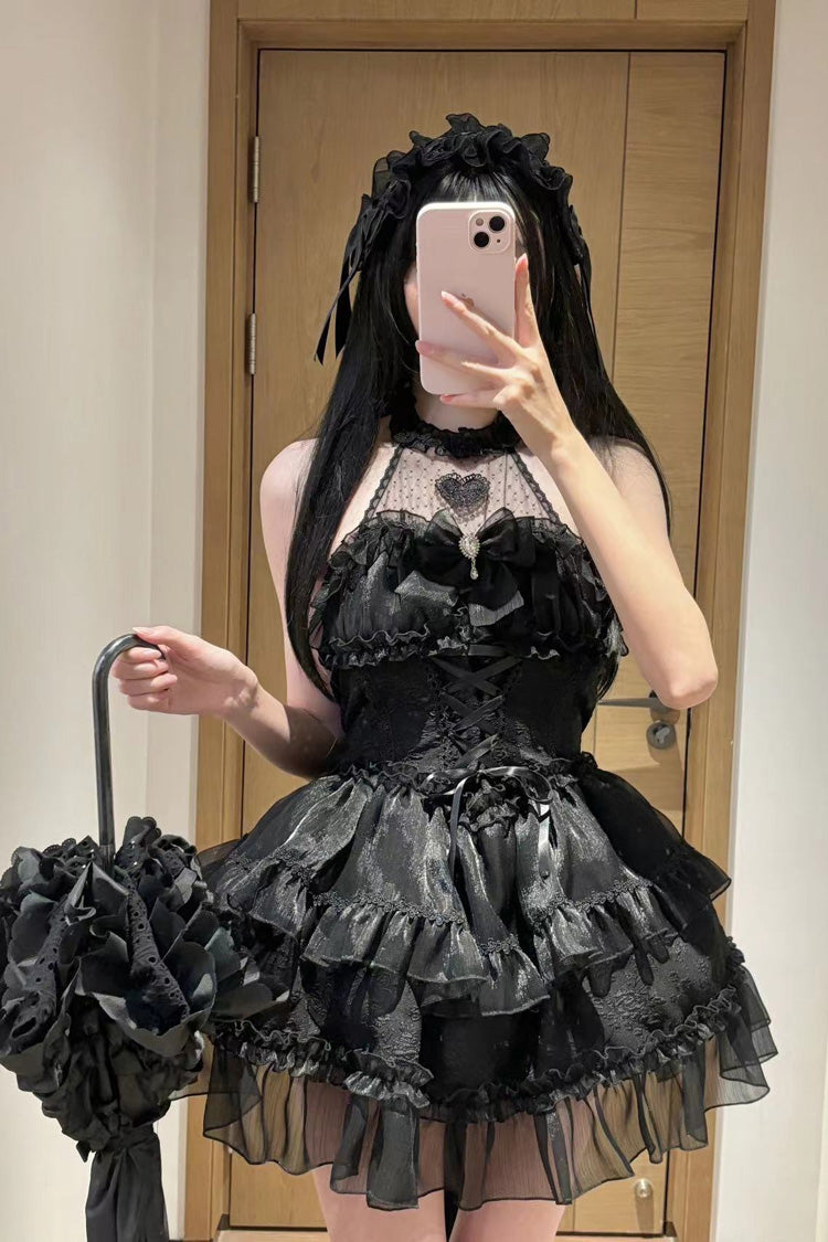 Black Gothic Lolita JSK Halterneck Triple Layered Bowknot Lace