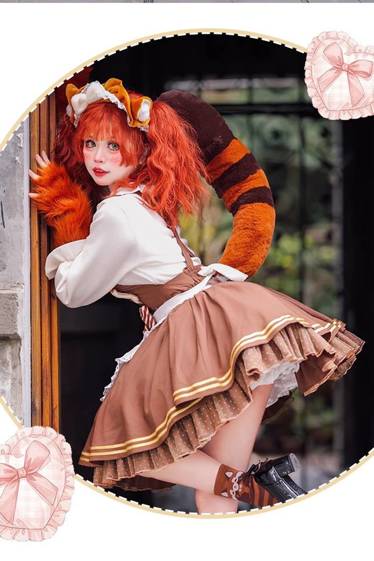 Brown Sweet Lolita Strap Dress Bowknot Ruffled Raccoon Print