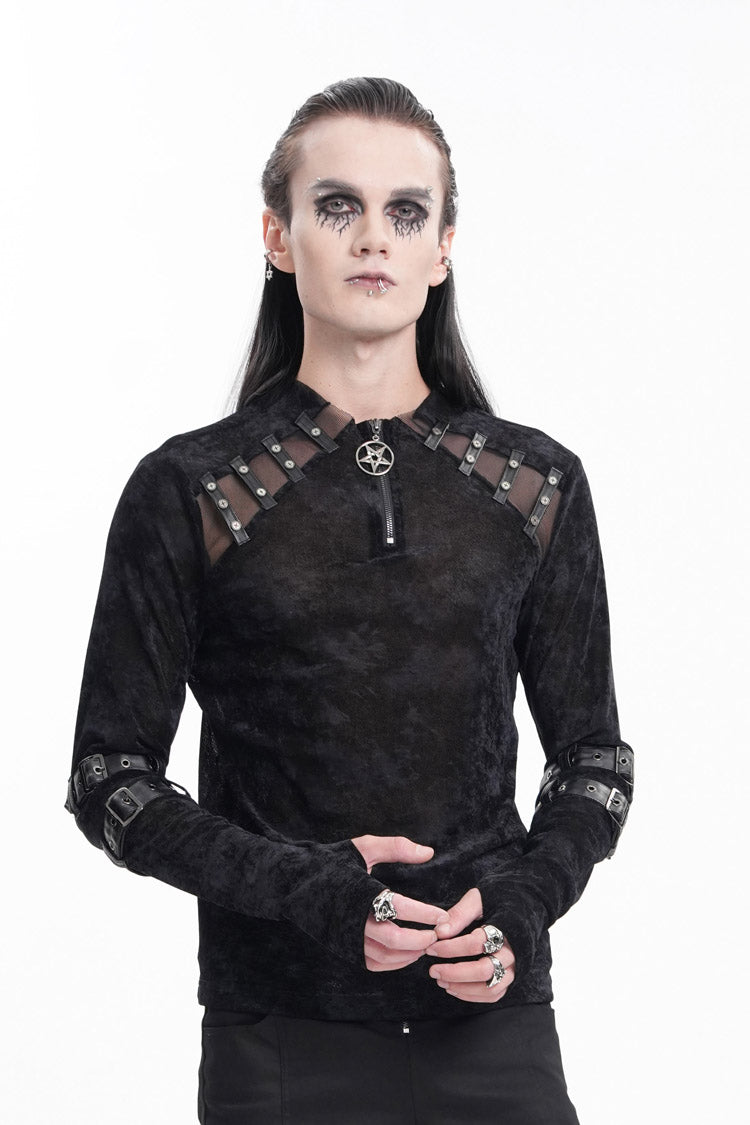 Midnight Crewneck Long-Sleeve Buckle Star Studded Gothic Tee for Men