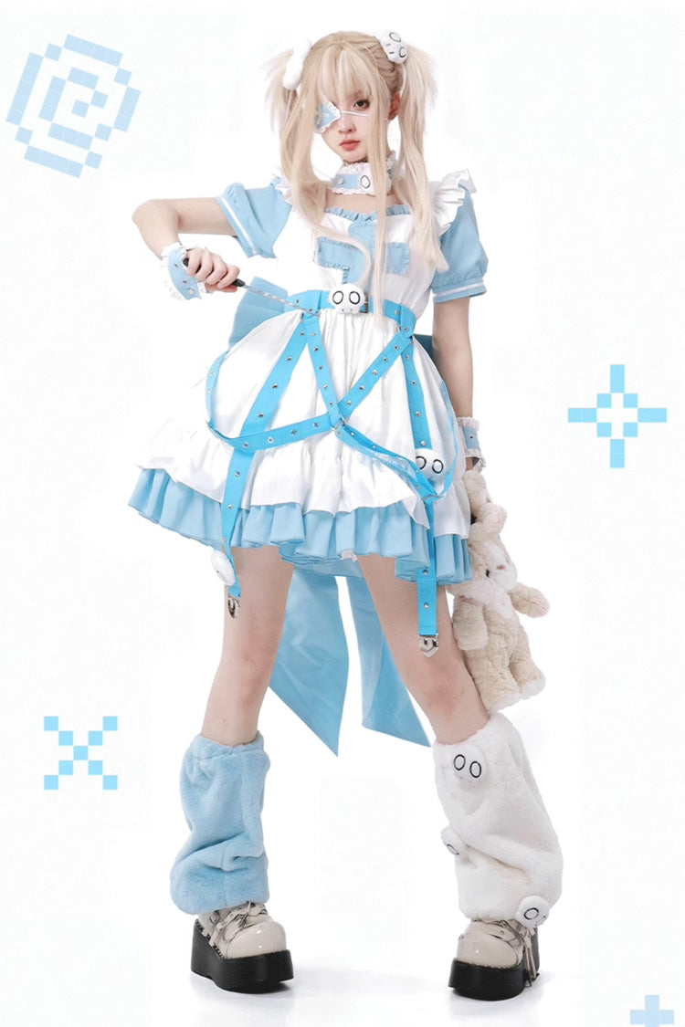 White/Blue [Treatment Room] Short Sleeve Ruffle Embroidery Jirai Kei Gown Set