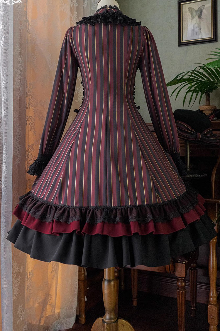 Point Manor Stand Collar Long Sleeves Multi Layer Striped Printed Ruffle Gothic Lolita Dress
