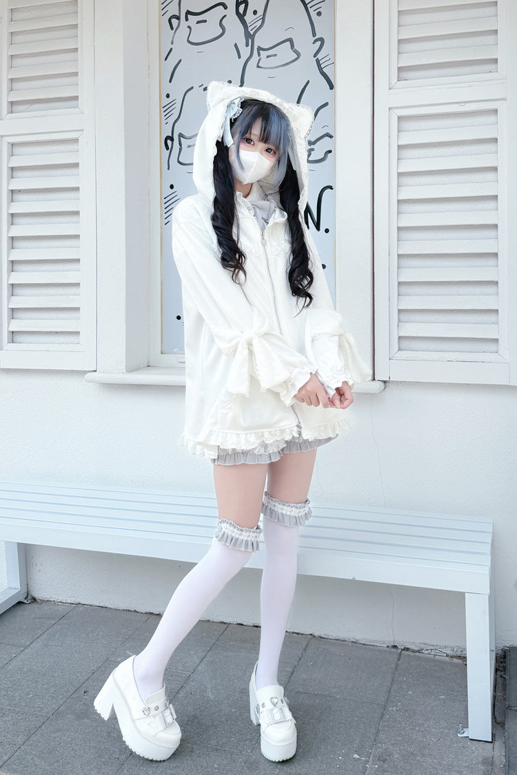 White Long Sleeve Cat Ears Tail Ruffle Bow Hooded Gothic Jirai Kei Coat