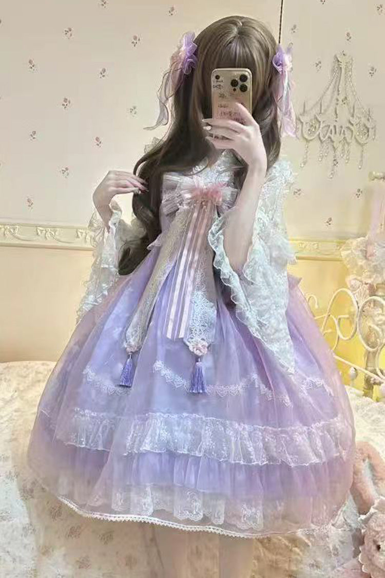 Peach Blossoms in Spring Fields Sweet Chinese Lolita JSK with Ruffles