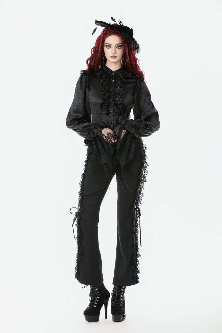 Jet-Black Gothic Blouse with Lantern Sleeves and Ruffled Lace