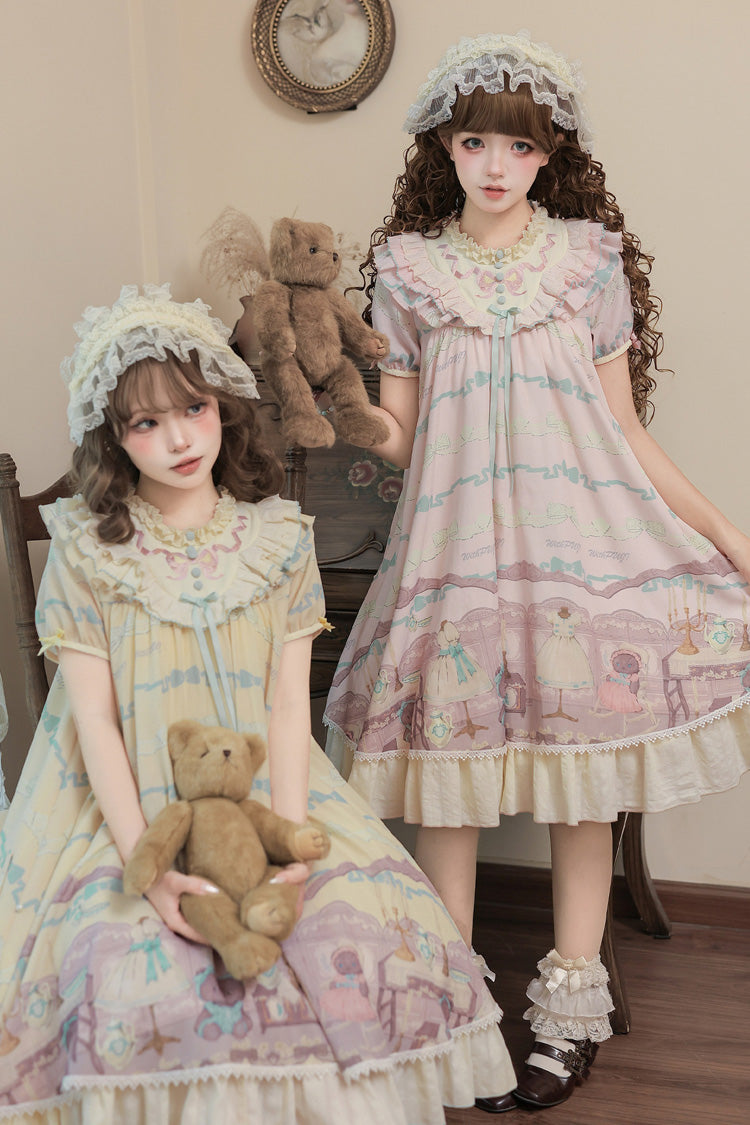 Brown Dollhouse Short Sleeves Bear Printed Ruffled Bow Sweet Lolita Dress Set - Yellow