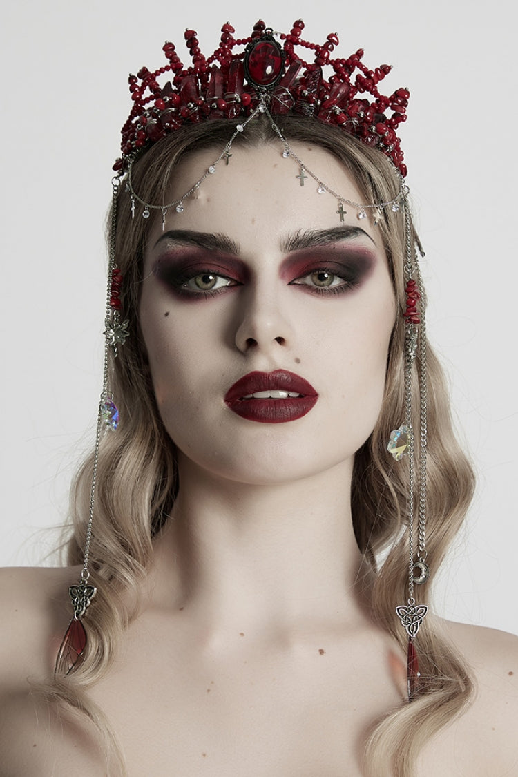 Scarlet Gothic Crystal Cross Headpiece with Irregular Design