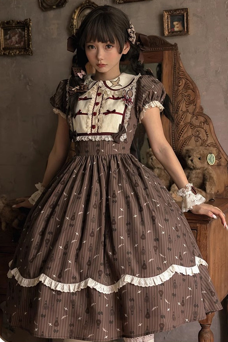 Brown Print Bow Sweet Elegant Princess Dress Long - Hot Air Balloon