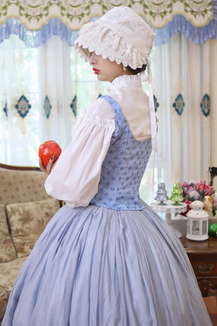 Light Blue Puffed Sleeve Corset Dress with Lace-Up and Fishbone Detail