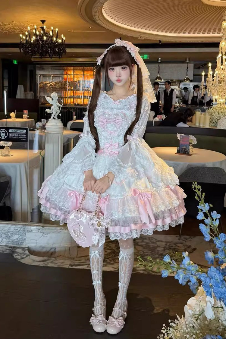 Pink White Scarlet Heart Cocoa Sleeveless Triple-Layered Ruffle Embroidery Lace Sweet Lolita Jsk Dress