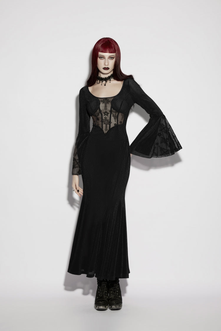 Black Round Collar Long Trumpet Sleeve Spliced Lace Lace-Up Mesh Eyelet Gothic Dress