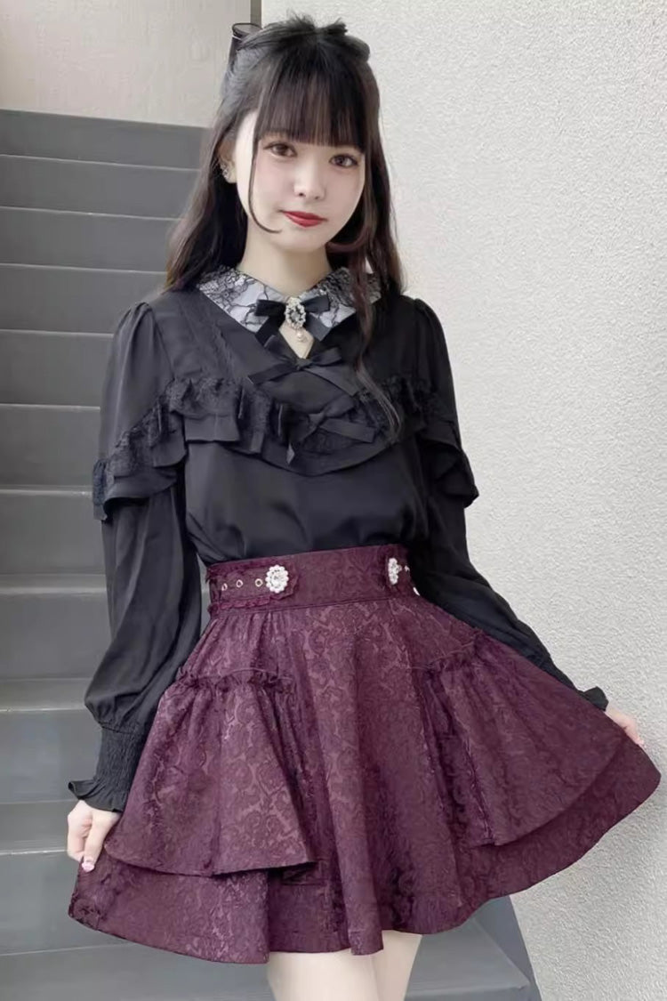 Dark Jacquard Bow Sweet Lolita Skirt - Japanese Style