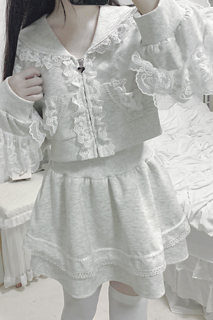 Grey Heartbeat Rhythm Lace-Trimmed Hooded Skirt and Top Set