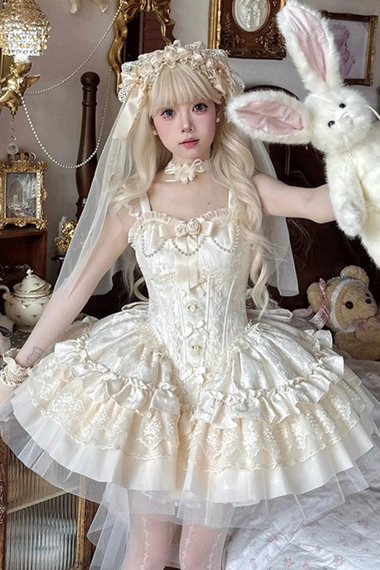 Cream Fleeting Light Shallow Dream Sleeveless Multi-Layer Frilled Bow Lace Slim Ballet Sweet Lolita JSK Dress