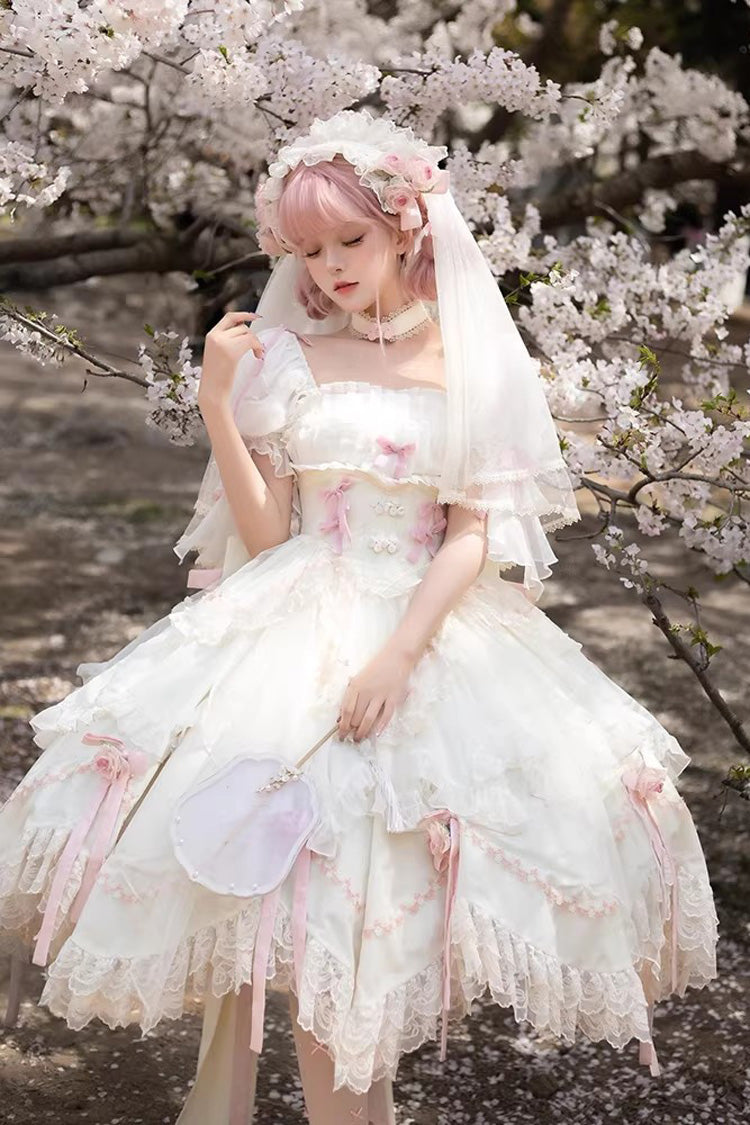 Ivory Mist and Tulle Square Collar Multi-Ruffle Bridal Bow Lace Princess Gown