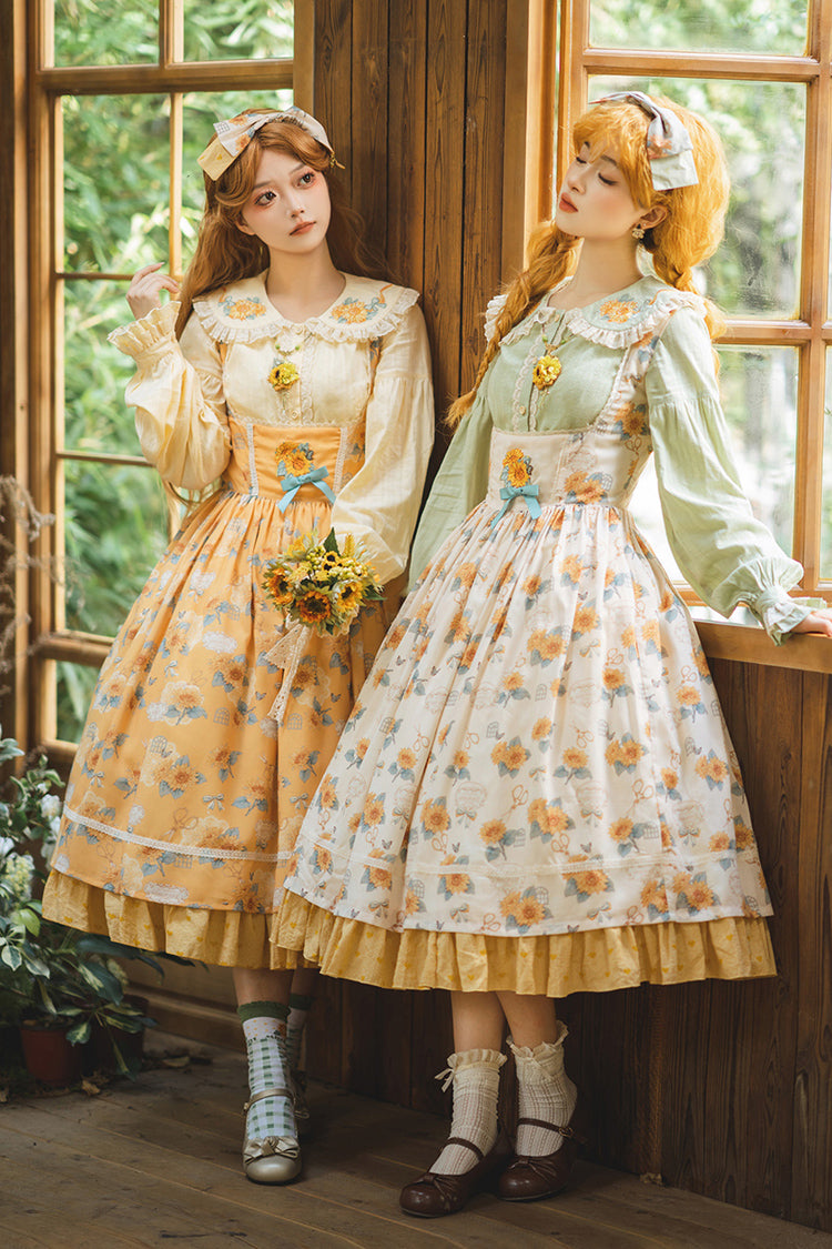 Apricot Sweet Elegant Uplift Lolita JSK Dress with Sleeveless Print Ruffles and Bowknot