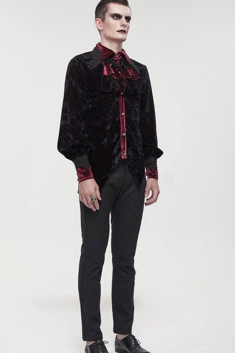 Crimson & Noir Velvet Stand Collar Ruffle Lantern Sleeve Gothic Shirt for Men