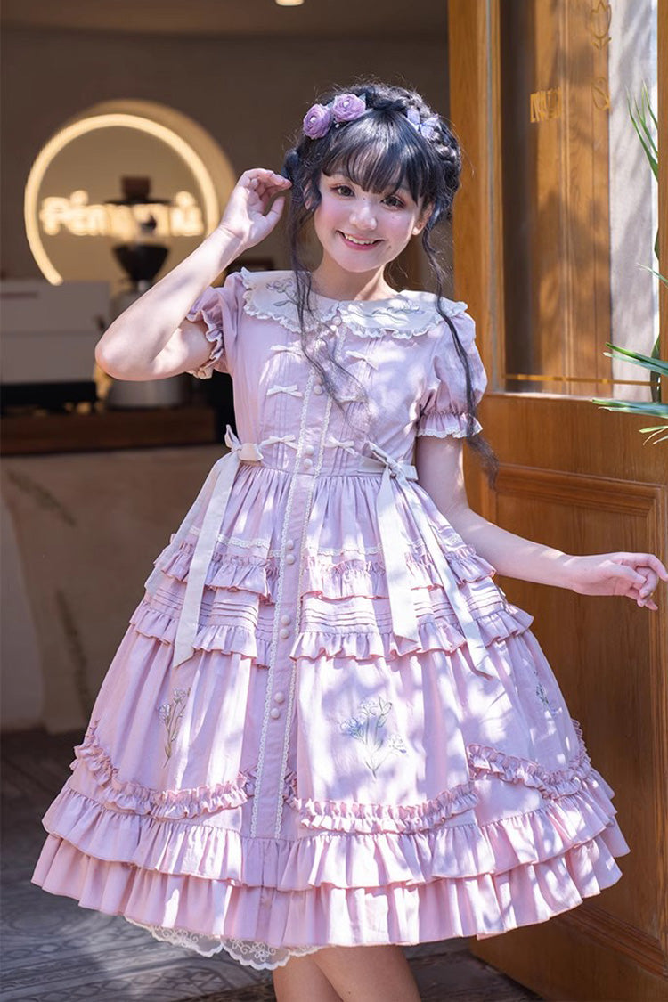 Pink Iris-Print Ruffled Dress with Short Sleeves and Embroidery