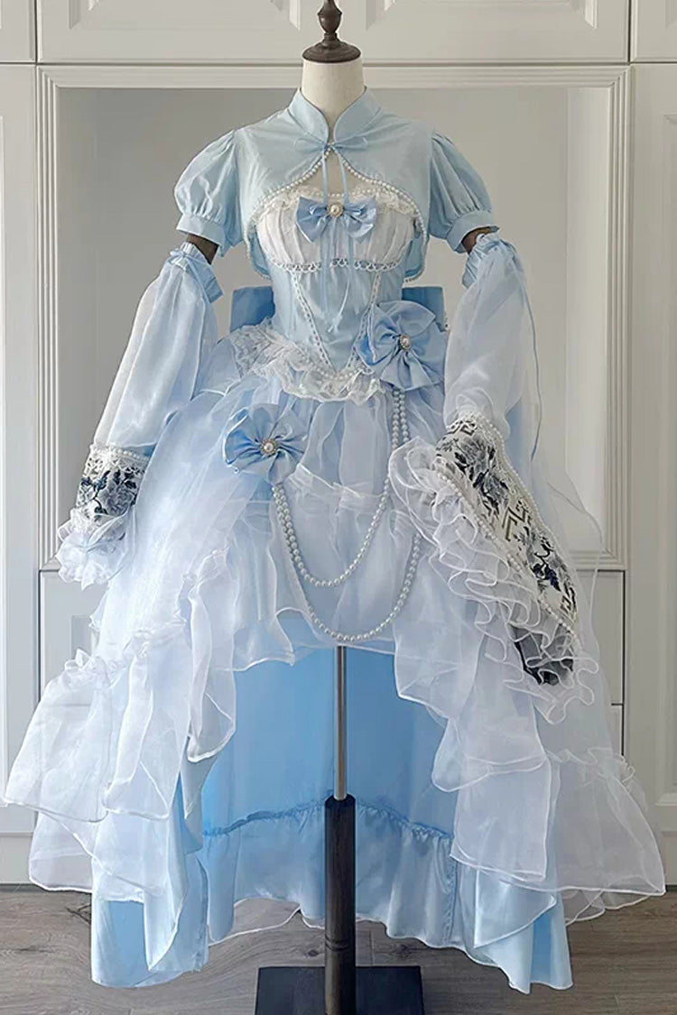 Cerulean and Ivory Porcelain Printed Ruffled Bow Lace High-Low Sweet Plus Size Lolita JSK Long Version