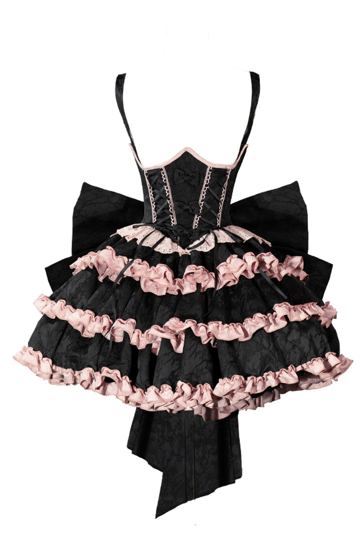 Black Pink Sleeveless Multi Ruffle Bow Lace Up Sweet Lolita Strap Dress