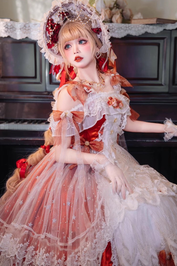 Glazed Phantom Off Shoulder Ruffle Hanayome Bow Lace Elegant Lolita Dress in Red