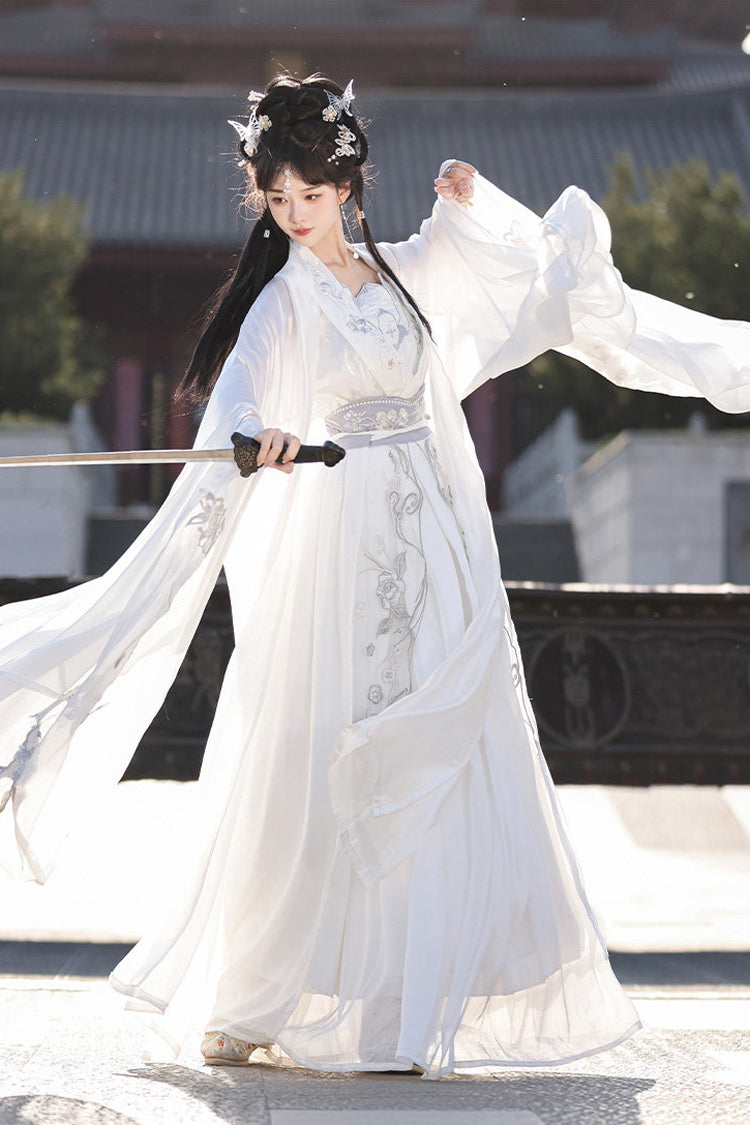Ivory High Waisted Embroidered Hanfu Dress Set - Silver Moon