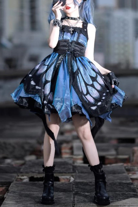 Black Blue Butterfly Effect Sleeveless Printed Girdle Gothic Punk Lolita Dress
