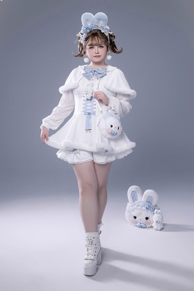 Ivory Ruffled Bow Lace-Up Jirai Dress with Plush Shorts