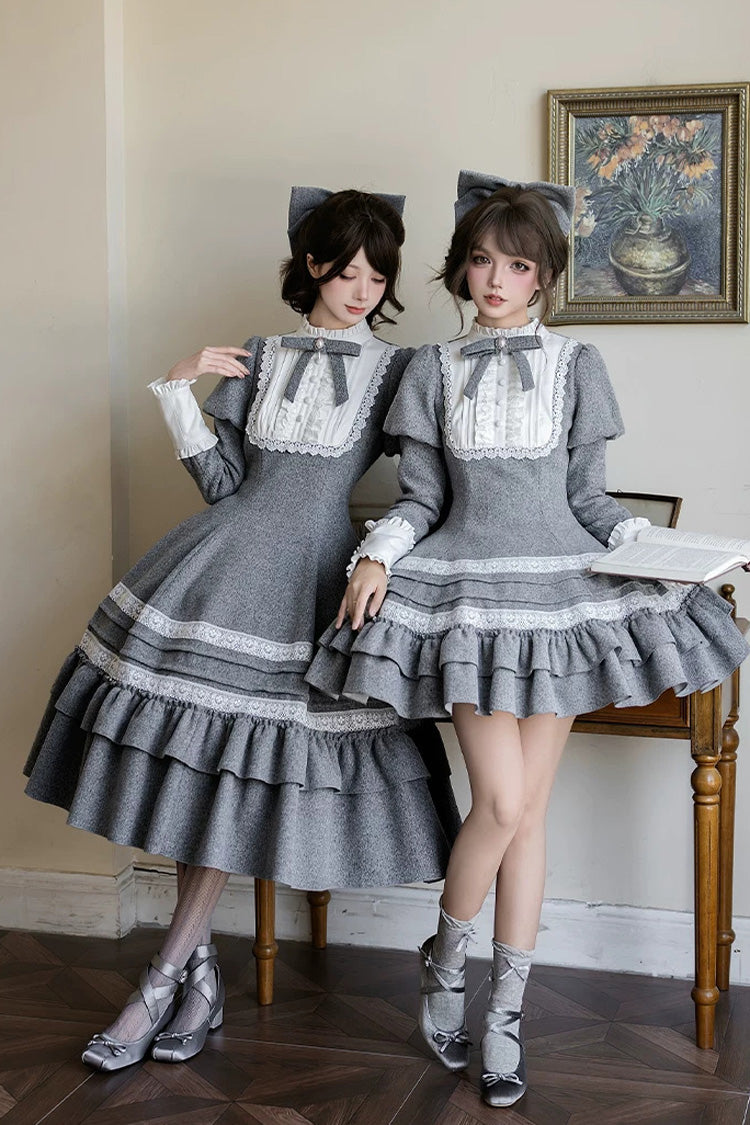 Classic Elegant Lolita Dress with Stand Collar and Ruffled Bow - Grey