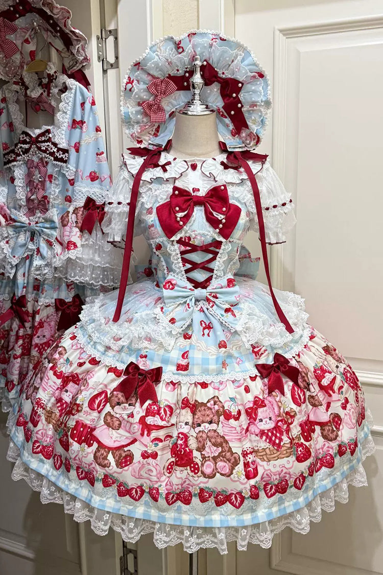Red/Blue Sweet Lolita JSK Dress Printed Bow Lace Lace-Up - Sweet Berry Bunny Bear