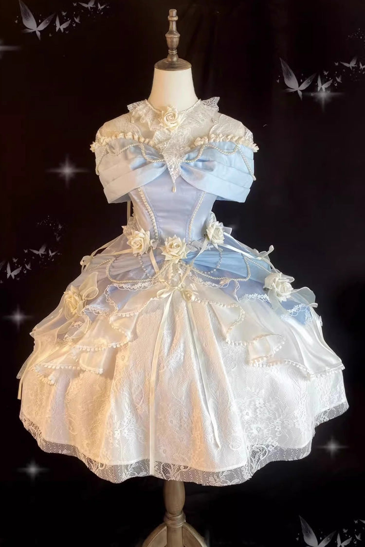 Cerulean Off-Shoulder Sweet Lolita Cardigan Dress with Bow Accents