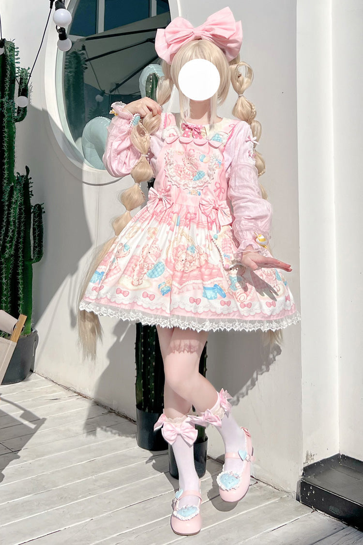 Kawaii Bears Printed Pink Bow Stitching Lace Sweet Lolita Strap Dress - Miss Brown