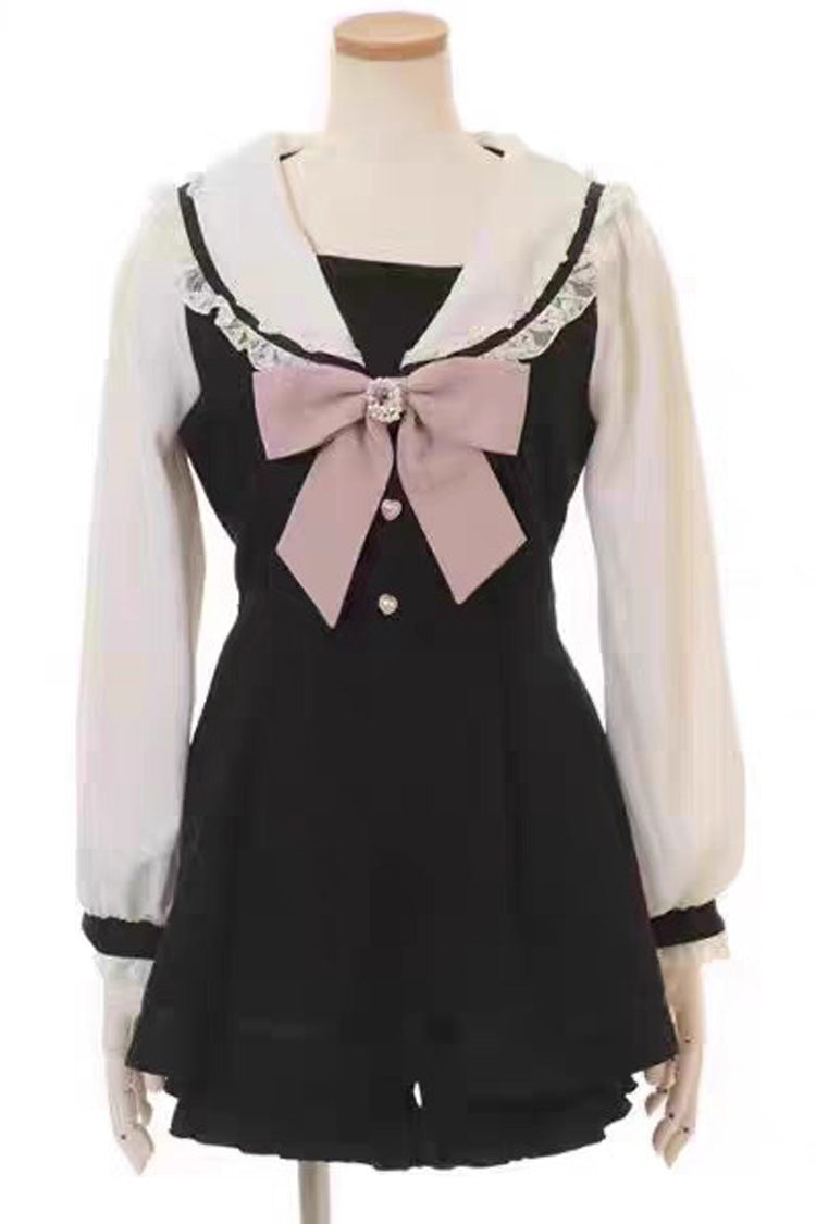 Charming Bowknot Lace Long Sleeve Jirai Dress Set in Three Colors