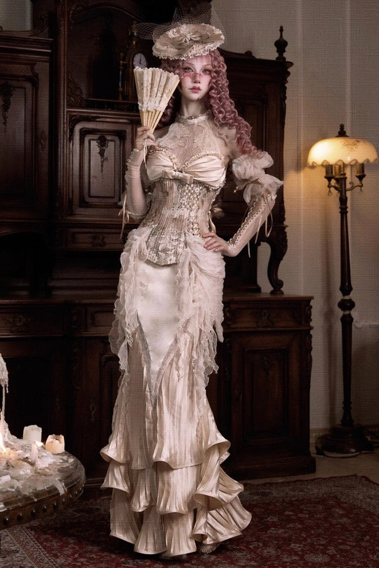 Golden Cupid’s Poetry Box Halterneck Ruffled Embroidered Bow Lace Slim Fishbone Gothic Lolita Top and Skirt Dress Set