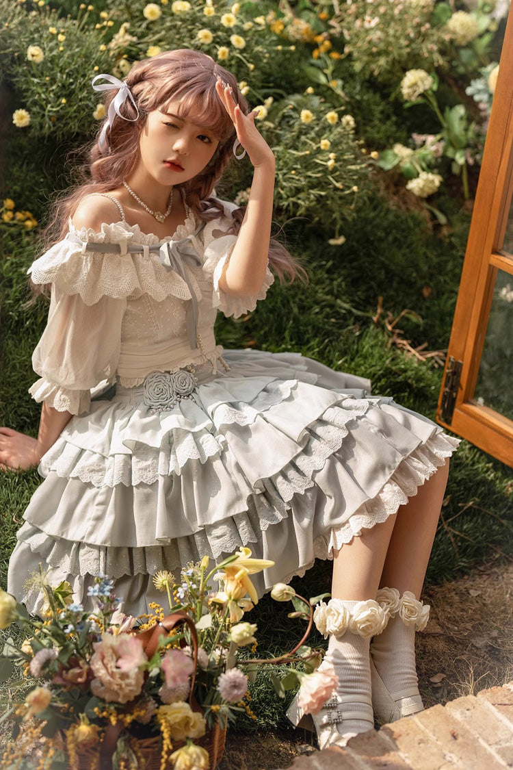 Powder Blue Rose Layered Princess Sweet Lolita Mini Skirt