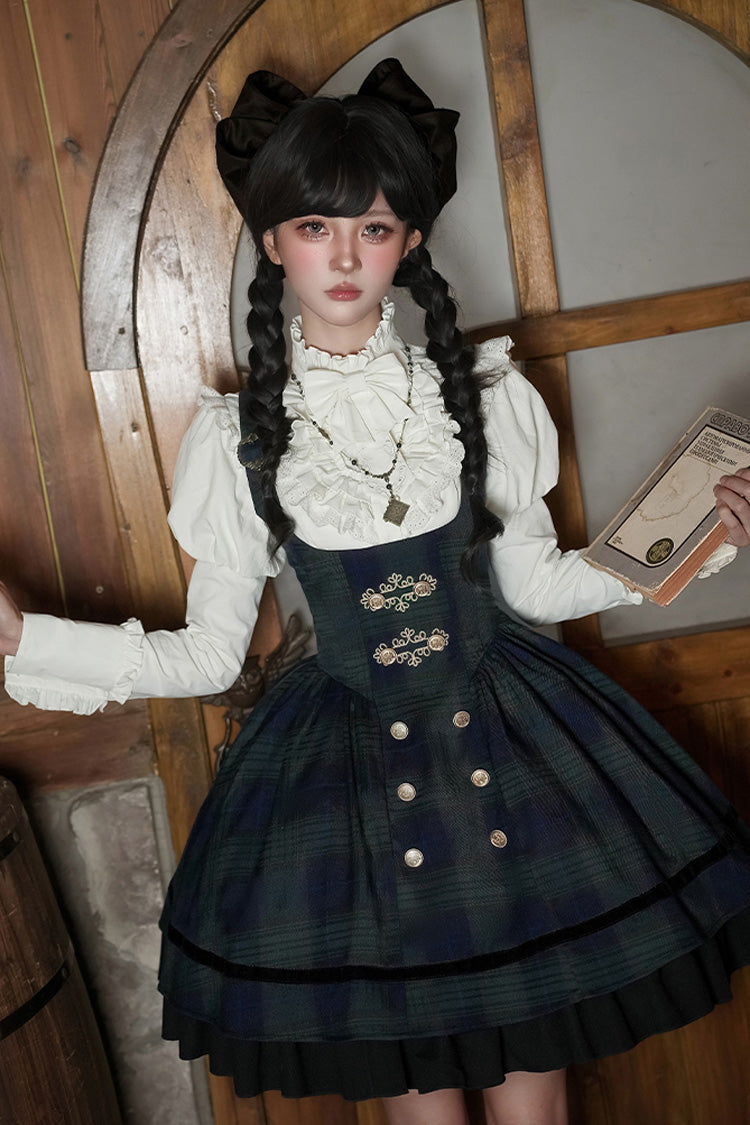 Blue Green Berlin Letter Double-Layered Plaid Print Ruffle Bowknot Classic College Style Lolita Strap Dress Set