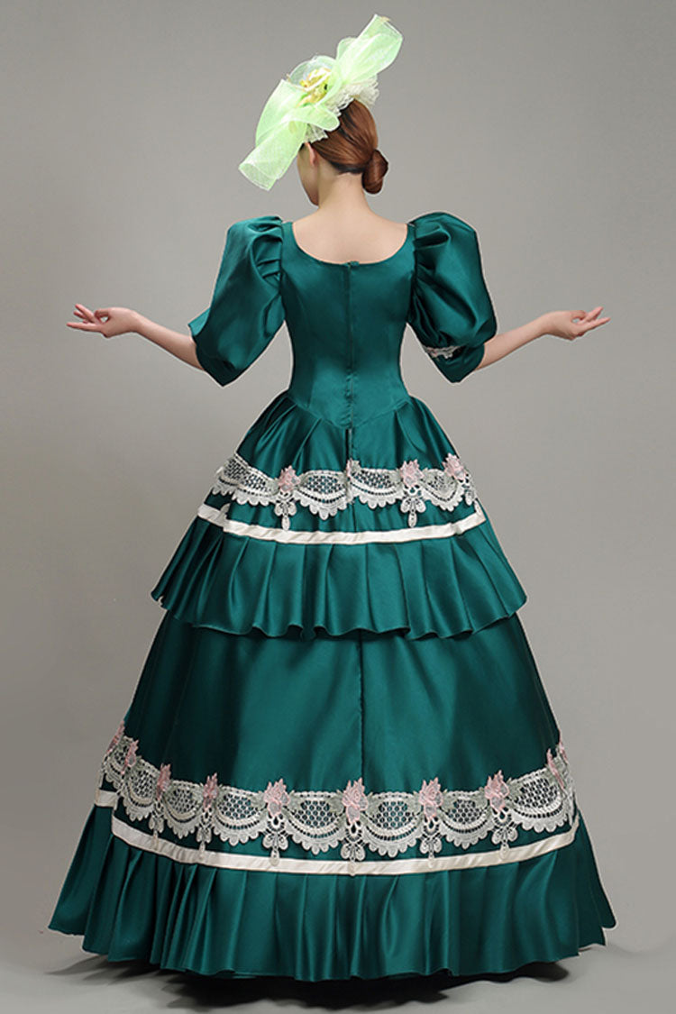 Jade Victorian Tiered Dress with Lantern Sleeves and Hollow Embroidery