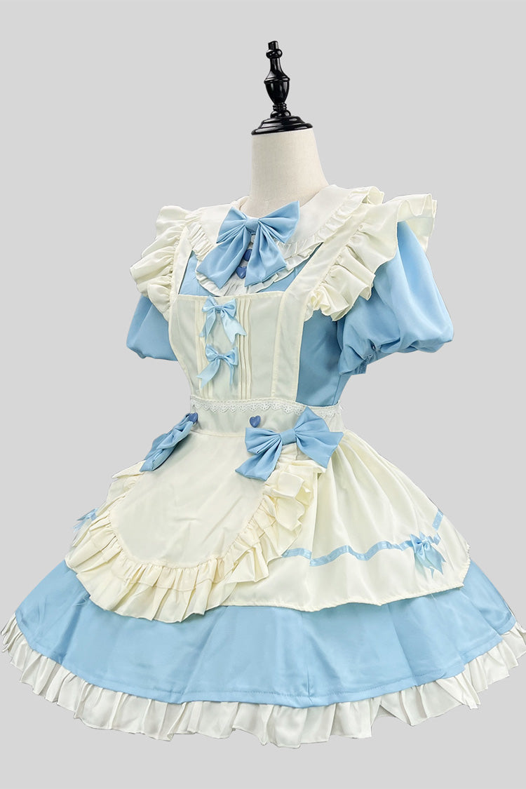 Cerulean and Ivory Short Sleeve Ruffled Bow Lace Plus Size Sweet Maid Lolita Mini Dress