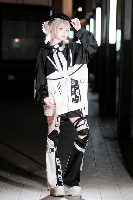 Black/White Zero-Type Transformation Techwear Long Sleeves Embroidered Hooded Punk Jirai Kei Shorts Coat Set