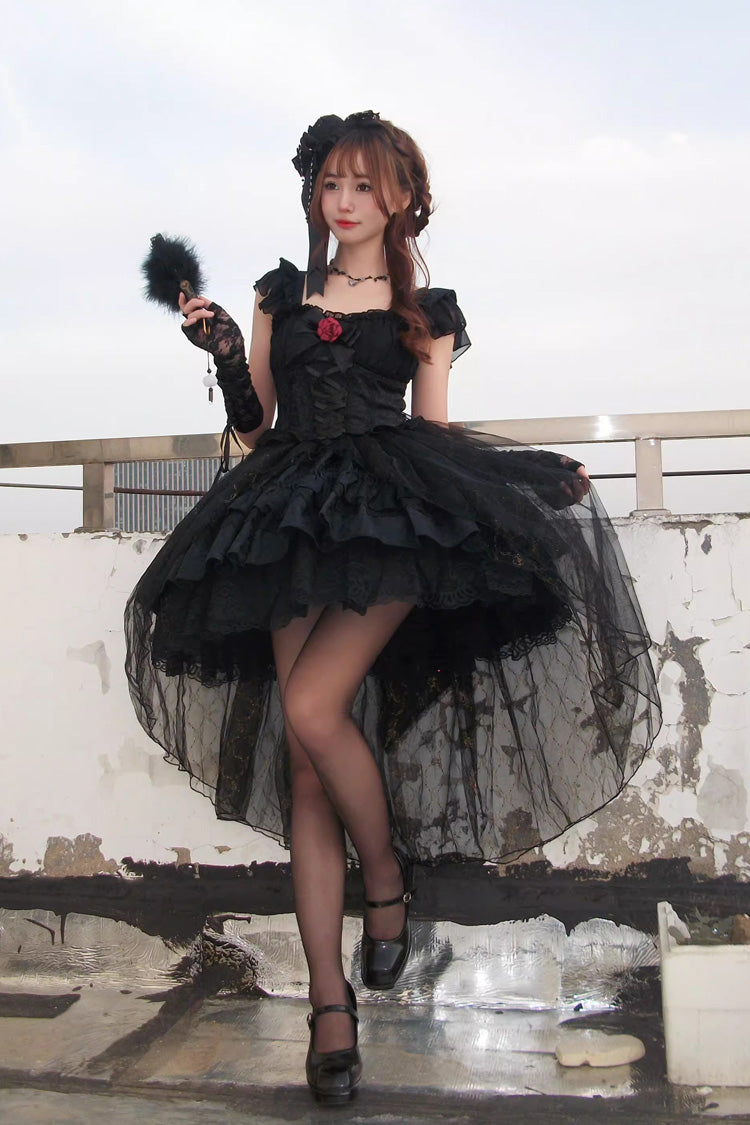 Black Short Sleeved Ruffled Rose Gothic Tiered Dress with Bow