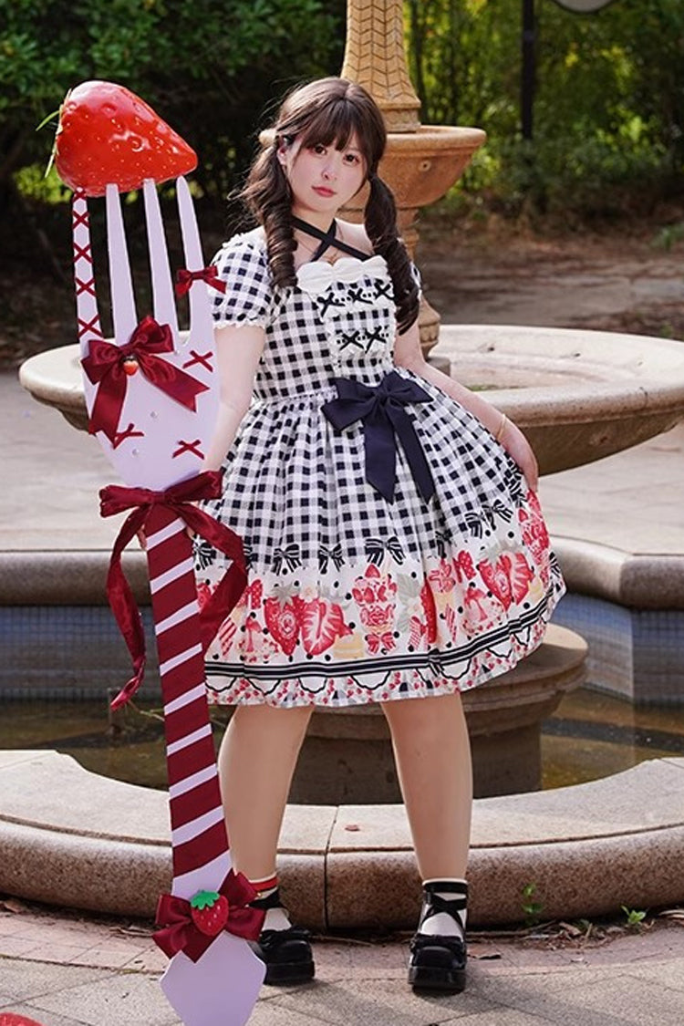 Strawberry Plaid Print Bowknot Sweet Plus Size Princess Black Short Sleeves Dress