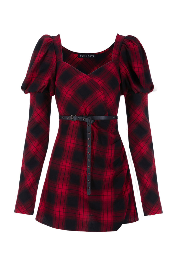 Lattice High Waist Long Sleeve Steam Punk Belted Dress - Black/Red