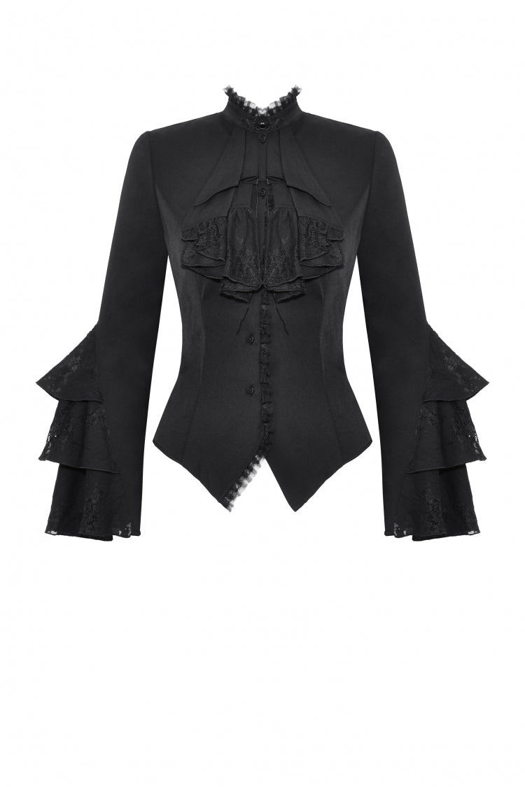 Multi-Layered Ruffled Stand Collar Long Flared Sleeve Gothic Blouse for Women Lace