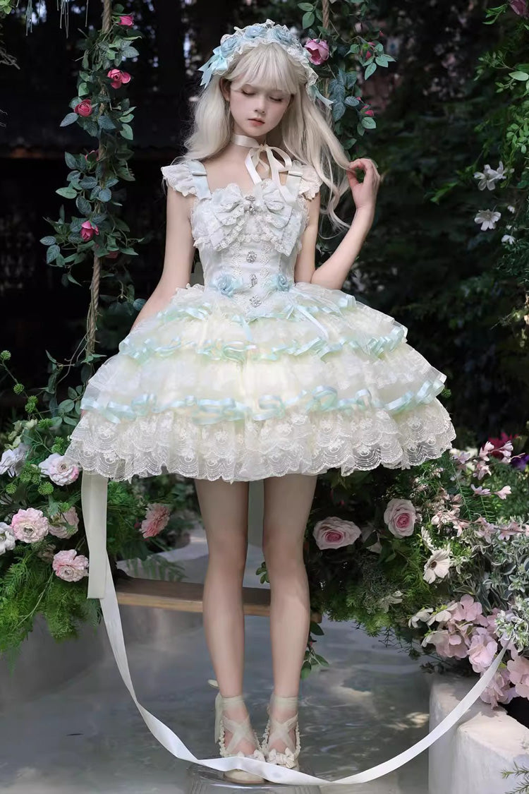Emerald Rose Feather Waltz Sleeveless Triple-Layer Ruffle Bow Lace Ballet Lolita JSK