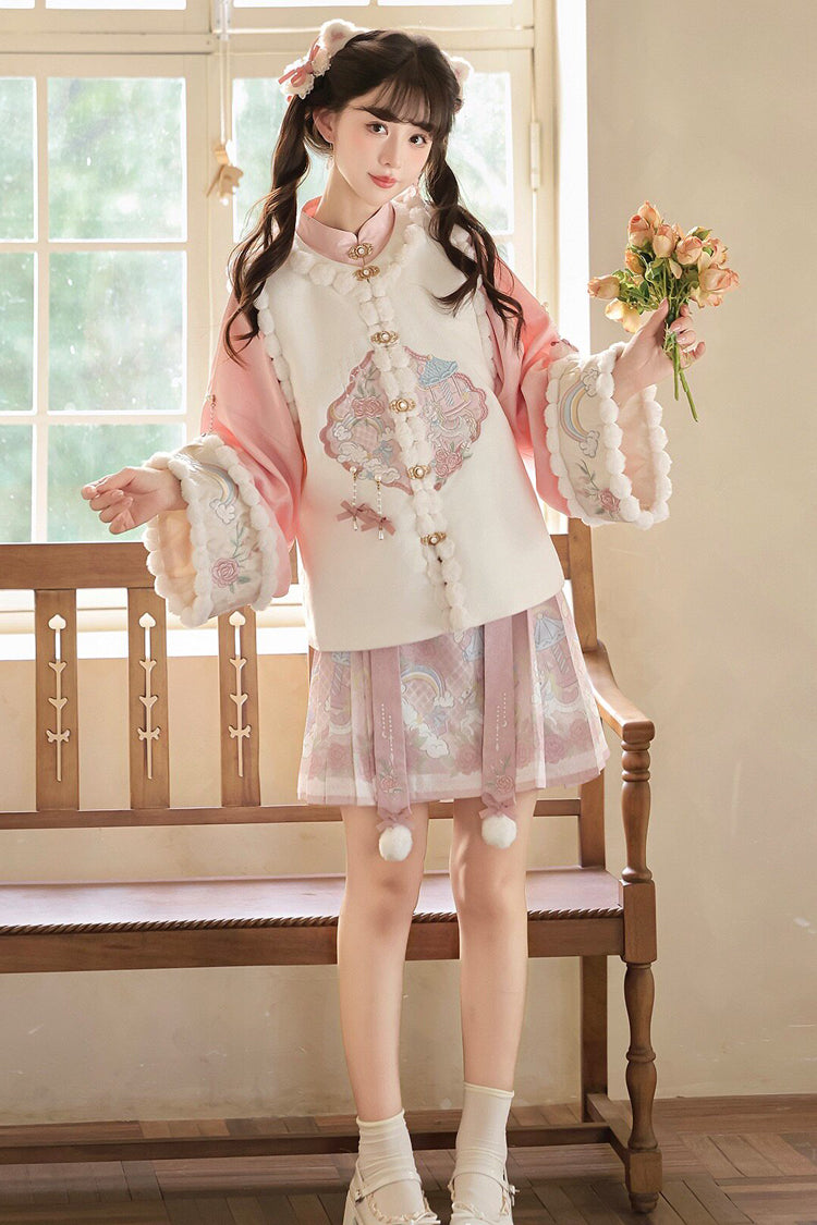 Ivory and Pink Miracle Pony Round Collar Long Sleeve High-Waist Printed Sweet Hanfu Dress Set