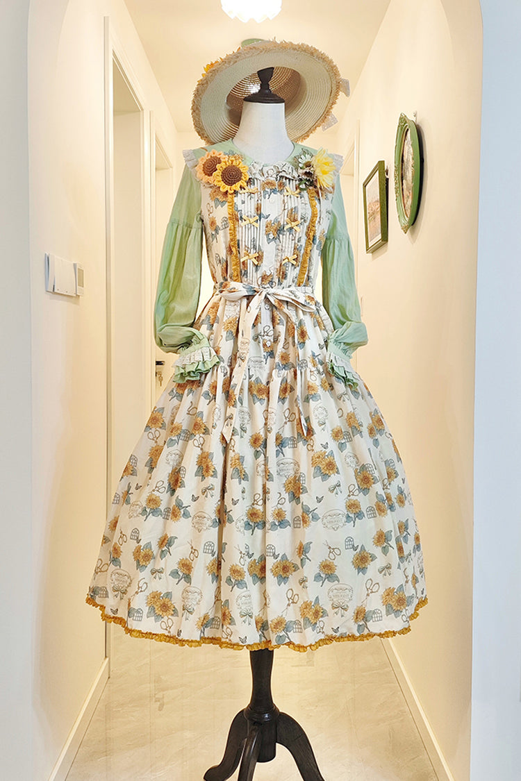 Apricot Sweet Elegant Lolita JSK Dress with Sleeveless Print Ruffles and Bowknot Accents