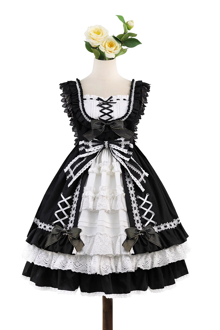 Black/White Tina's Gift Sleeveless Multi-Layered Ruffled Cardigan Bow Lace Sweet Lolita JSK Gown